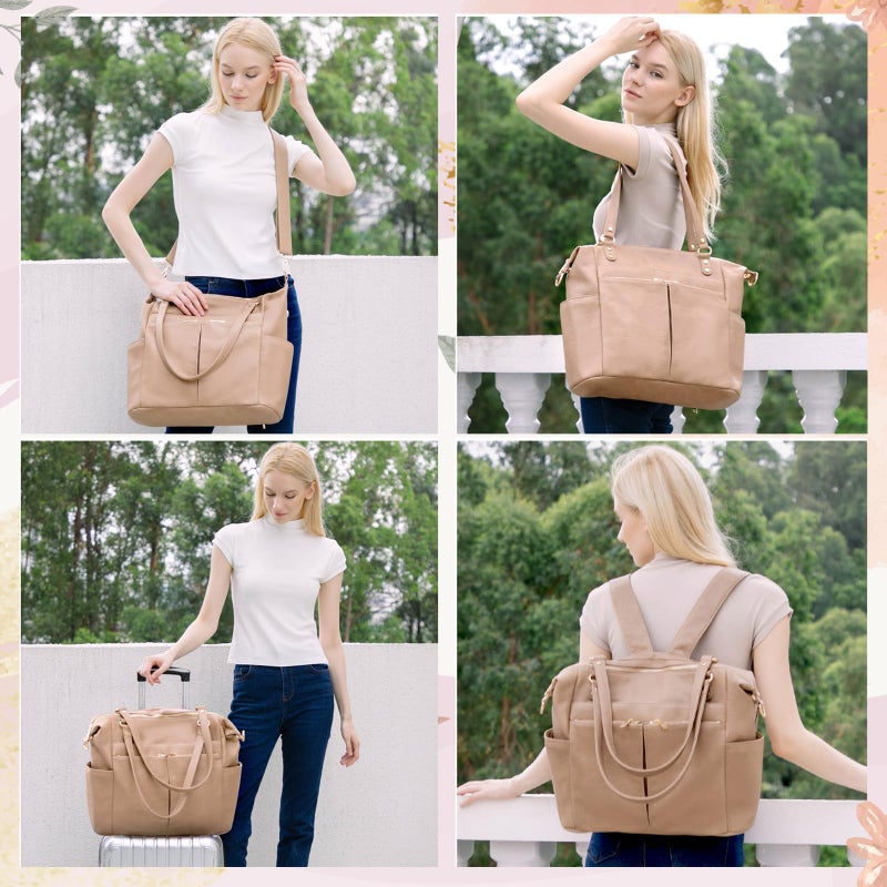 MOMINSIDE Diaper Bag Tote, Leather Diaper Bag Backpack with 14 Pockets, Convertible Baby Bag for Boys Girls, Baby Registry, Changing Pad, Large 4 Insulated Pockets (Camel) - Image 2